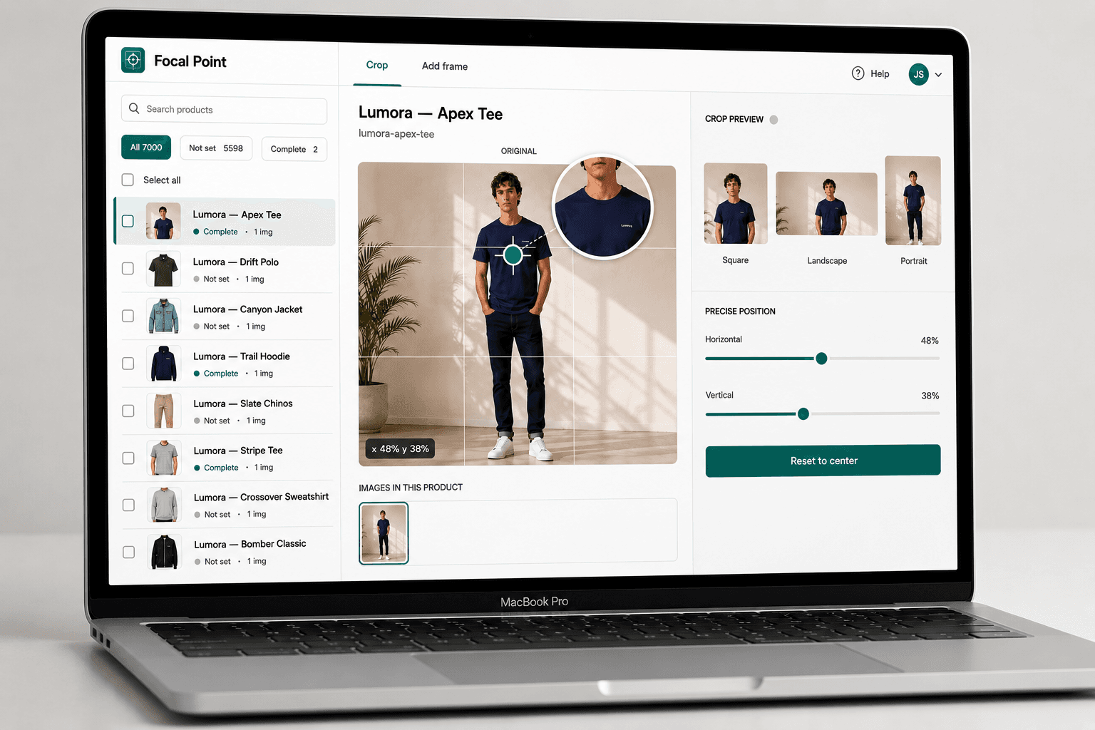 Focal Point app — crosshair editor on a product image with live crop previews